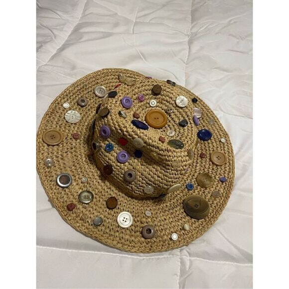 Button Straw Hat Hippie Boho Chic Small Medium
